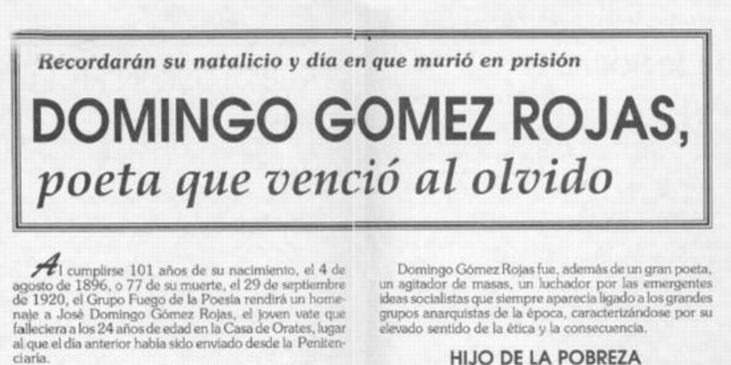 Domingo Gómez Rojas poeta que venció al olvido
