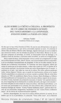 Algo sobre la crítica chilena, a propósito de un libro de Federico Schopf, Del vanguardismo a la antipoesía, ensayos sobre la poesía de Chile