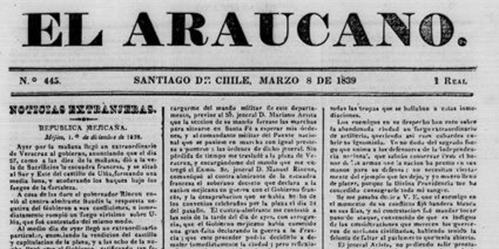 El Araucano: n° 445, 8 de marzo de 1839