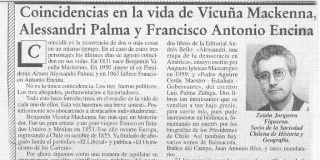 Coincidencias en la vida de Vicuña Mackenna, Alessanri Palma y Francisco Antonio Encina