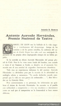 Antonio Acevedo Hernández, Premio Nacional de Teatro