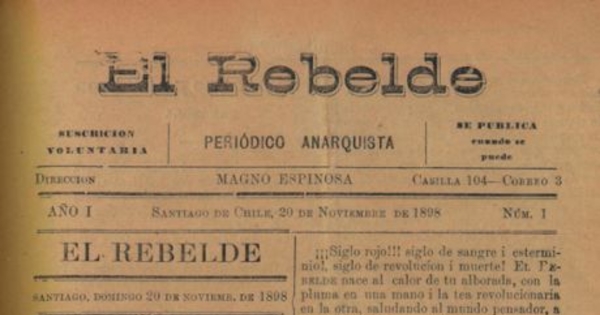 El Rebelde : diario anarquista : año 1, n° 1, 20 de noviembre de 1898