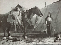 Una mujer tehuelche lista para emprender su viaje a caballo