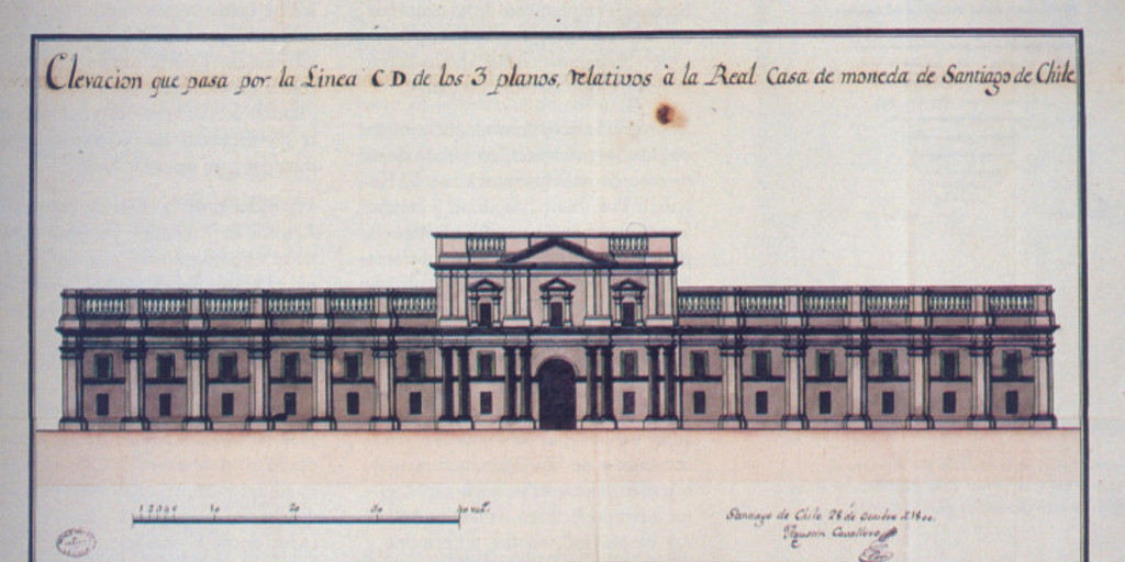 Elevación que pasa por la línea C D de los 3 planos relativos a la Real Casa de Moneda de Santiago de Chile, 1800