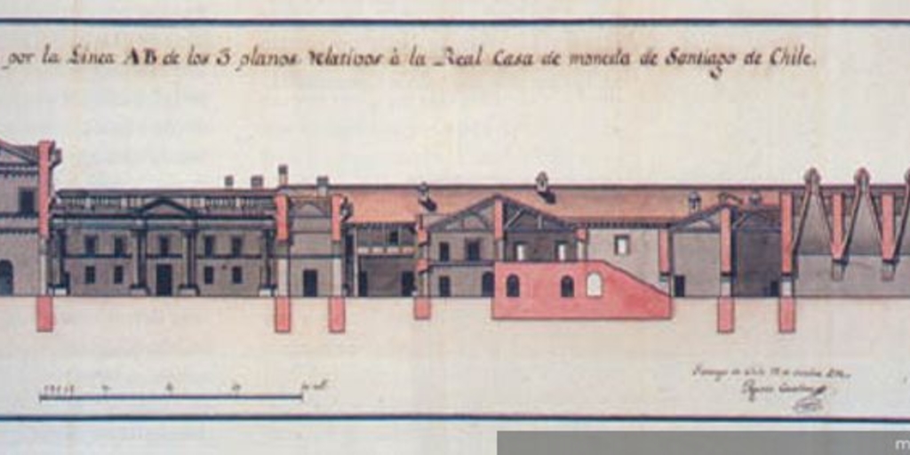 Perfil cortado por la línea A B de los 3 planos relativos a la Real Casa de Moneda de Santiago de Chile, 1800