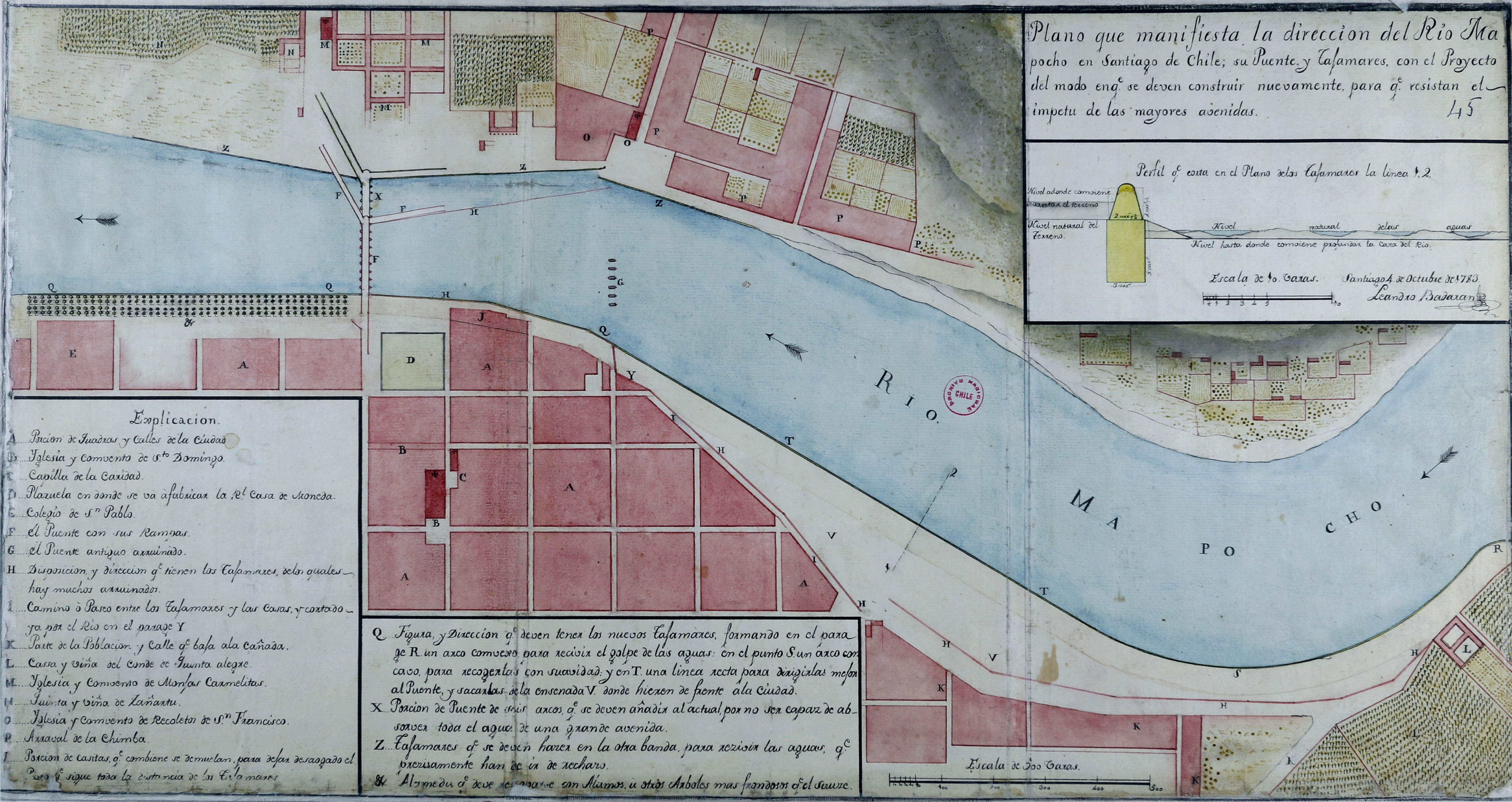 Plano que manifiesta la dirección del Río Mapocho en Santiago de Chile, 1783
