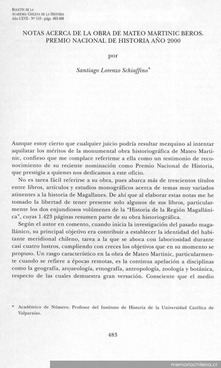 Notas acerca de la obra de Mateo Martinic Beros, Premio Nacional de Historia año 2000