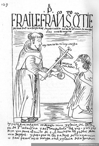 Fraile franciscano con un indígena, siglo 16