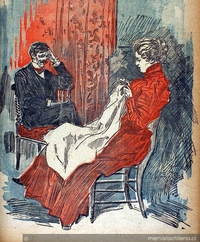 Escena de esposos, él lee mientras ella borda, 1911