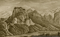 Panorama de la Sierra Velluda en territorio pehuenche, hacia 1840