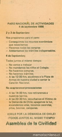 Paro Nacional de Actividades, 4 de septiembre de 1986