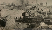 Construcción de los tajamares en el río Mapocho a la altura del actual Parque Forestal, 1888