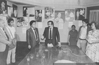 Luis Sánchez Latorre presidiendo un homenaje a Pablo Neruda, organizado por la Sociedad de Escritores de Chile, ca. 1983