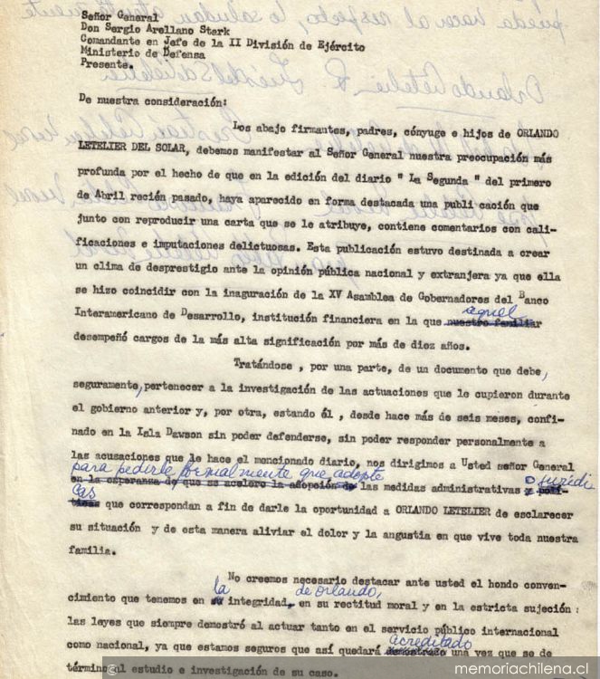 Carta de familia Letelier a Sergio Arellano Stark, Comandante en Jefe de la Segunda División del Ejército, mayo de 1974