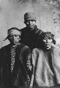 Grupo de longko mapuches con manta y trarülongko, ca. 1890