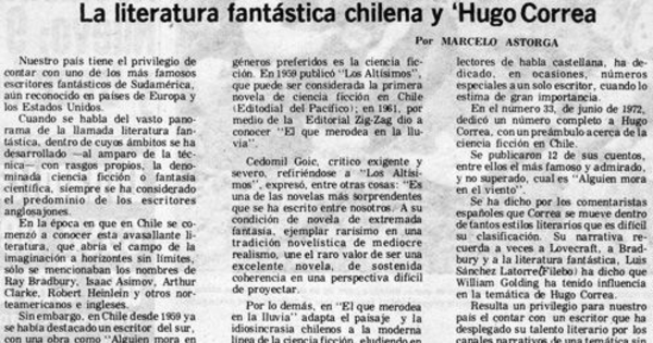 La literatura fantástica chilena y Hugo Correa