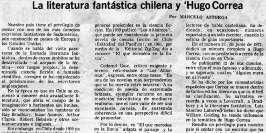 La literatura fantástica chilena y Hugo Correa