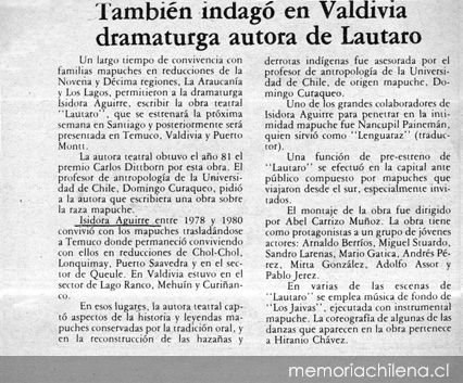 También indagó en Valdivia dramaturga autora de Lautaro