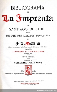 Portada de libro "Bibliografía de la imprenta en Santiago de Chile desde sus orígenes hasta febrero de 1817 de José Toribio Medina", diseñada en 1961