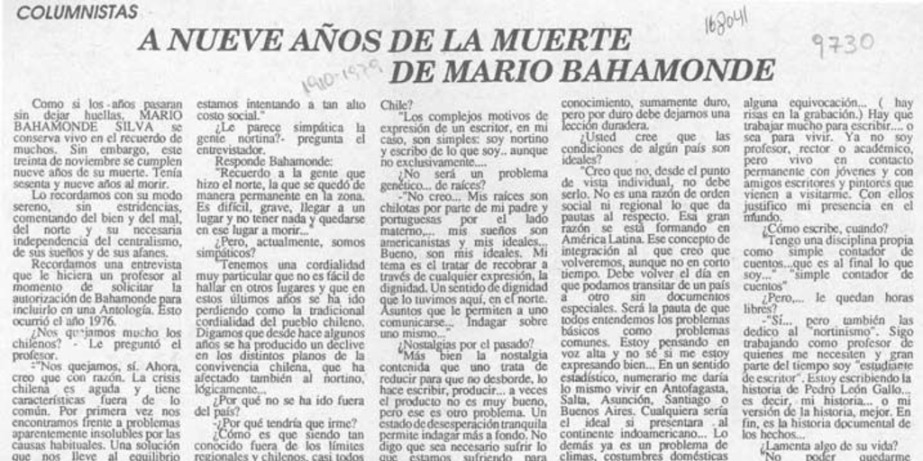 A nueve años de la muerte de Mario Bahamonde