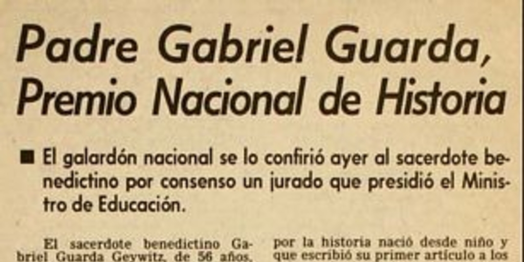 Padre Gabriel Guarda, Premio Nacional de Historia