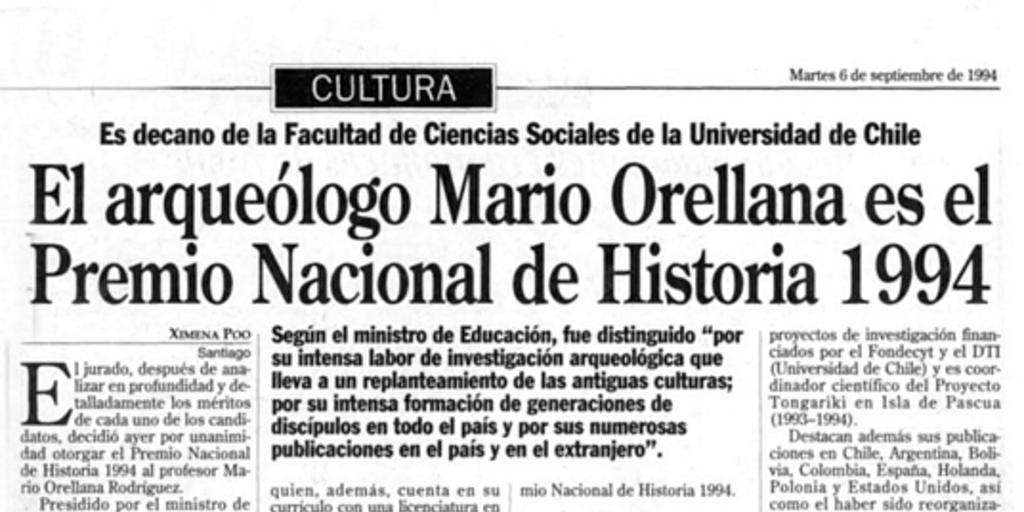 El arqueólogo Mario Orellana es el Premio Nacional de Historia 1994