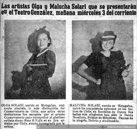 Las artistas Olga y Malucha Solari que se presentarán en el Teatro González, mañana miércoles 3 del corriente
