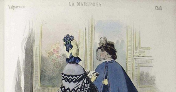Dos mujeres leyendo La Mariposa, periódico quincenal de modas