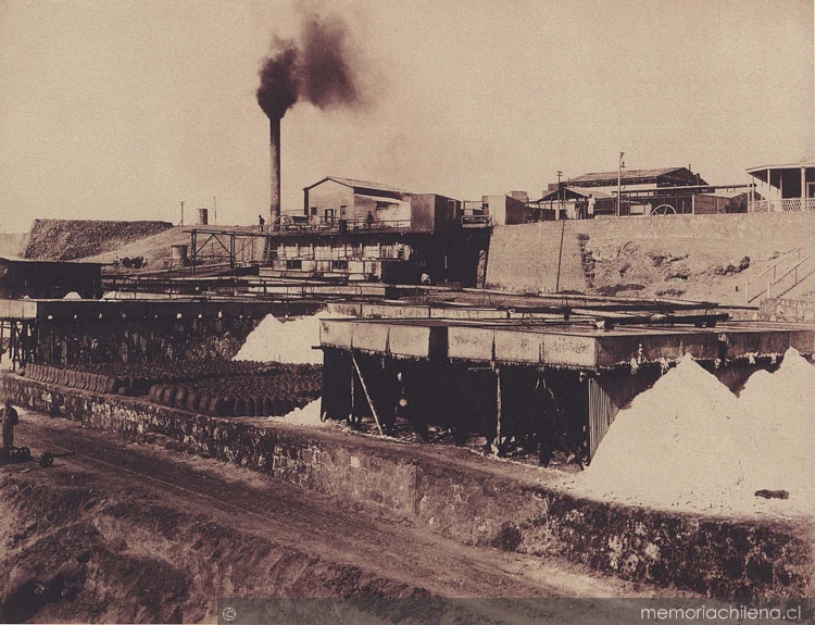 Maquinaria y bateas de cristalización de salitre, oficina salitrera "Jazpampa", Tarapacá, 1889
