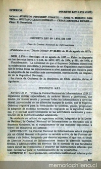 Decreto Ley N° 1.878 de 1977, Diario Oficial N° 29.836, 13 de agosto de 1977, que crea la Central Nacional de Informaciones