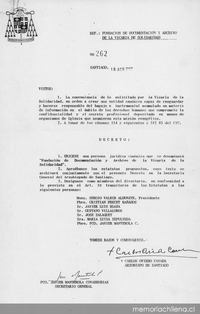 Decreto N° 262: Fundación de Documentación y Archivo de la Vicaría de la Solidaridad, Santiago, 18 de agosto de 1992