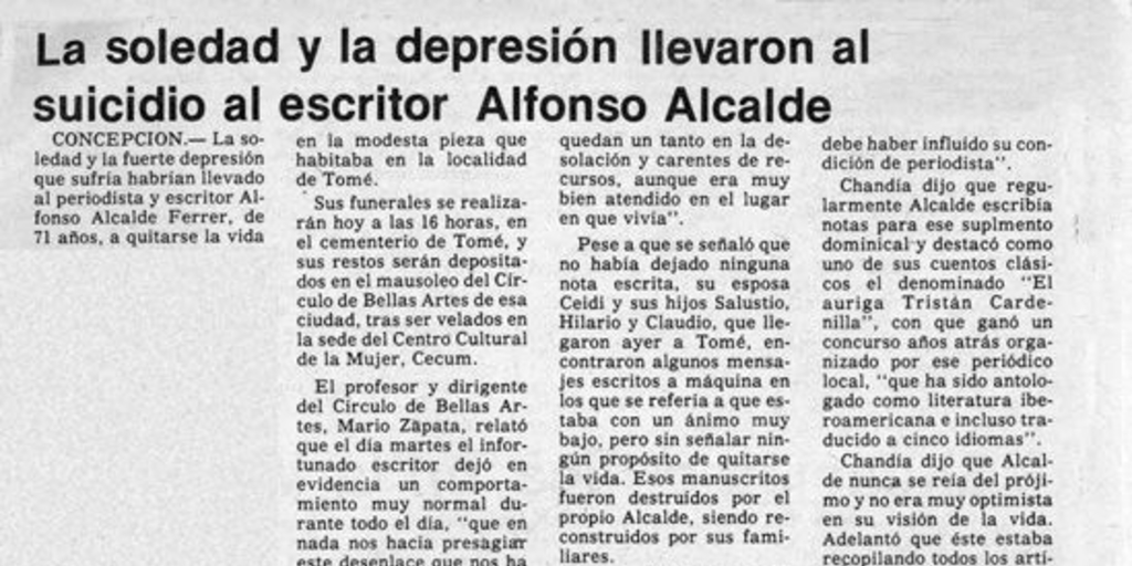 La soledad y la depresión llevaron al suicidio al escritor Alfonso Alcalde