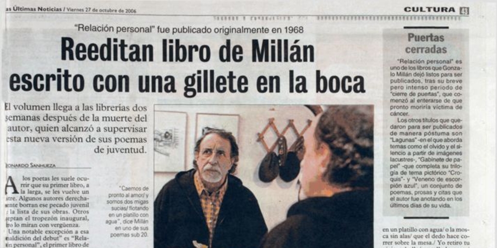 Reeditan libro de Millán escrito con una gilette en la boca : "Relación Personal" fue publicado originalmente en 1968