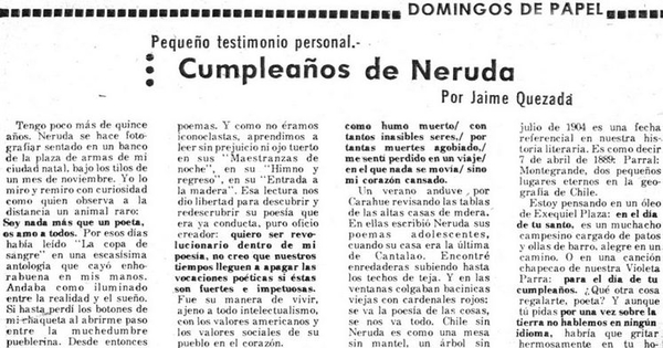 Cumpleaños de Neruda: pequeño testimonio personal