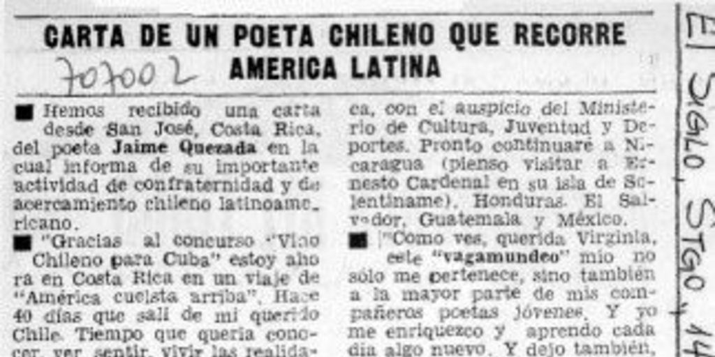 Carta de un poeta chileno que recorre América Latina