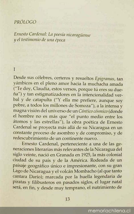 Prólogo: Ernesto Cardenal: la poesía nicaragüense y el testimonio de una época