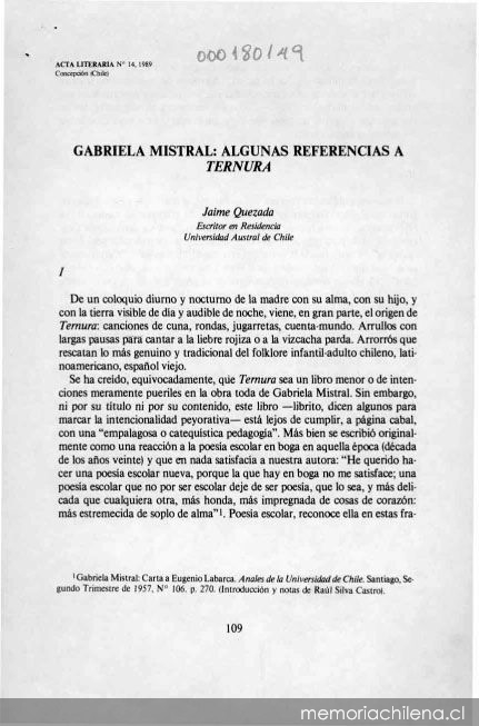 Gabriela Mistral, algunas referencias a Ternura