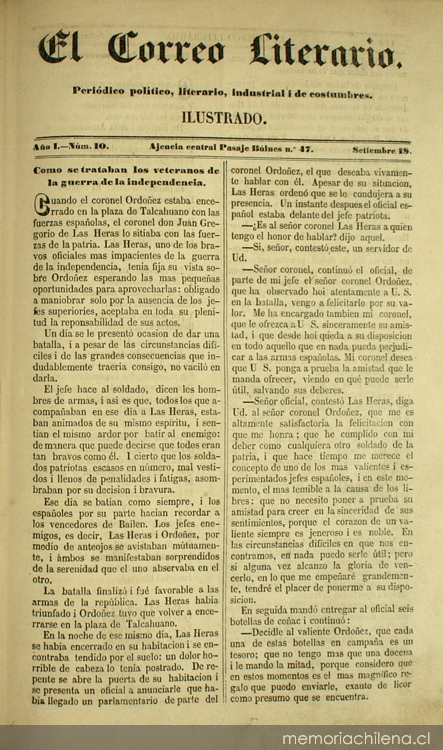 El correo literario: año 1, nº 10, 18 septiembre de 1858