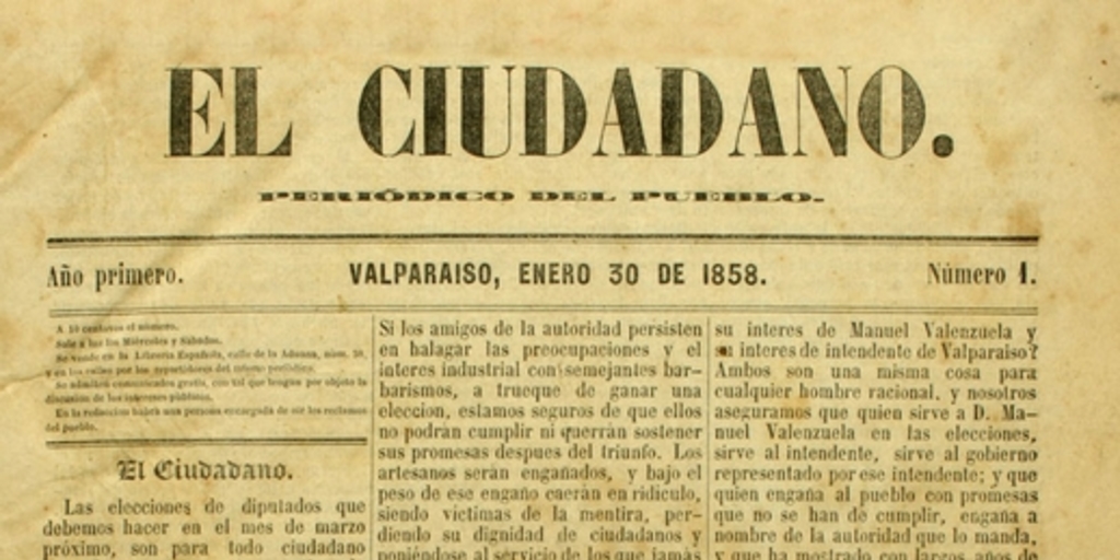 El Ciudadano : Valparaíso : año 1, n° 1, 30 de enero de 1858