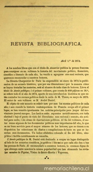Revista bibliográfica: 1º abril de 1875