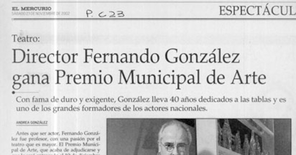 Director Fernando González gana Premio Municipal de Arte