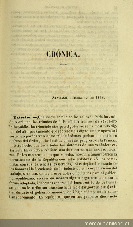 Primera página de la "Crónica", Revista de Santiago, 1848.