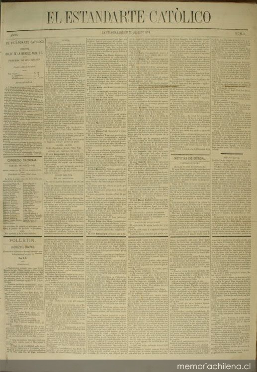 Primera plana del diario "El estandarte católico", 27 de julio de 1874