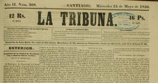 Primera plana del diario La Tribuna, 15 de mayo de 1850