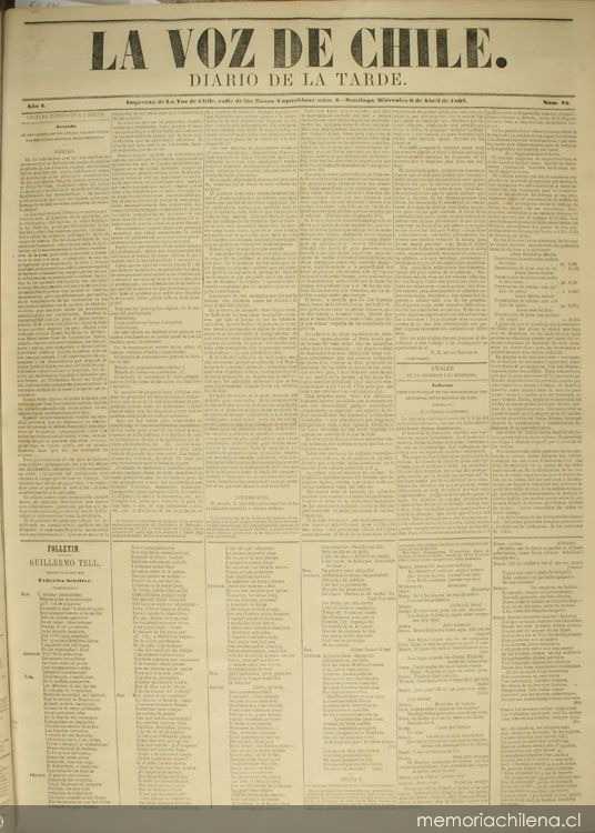 Primera plana del diario La Voz de Chile, 23 de septiembre 1862
