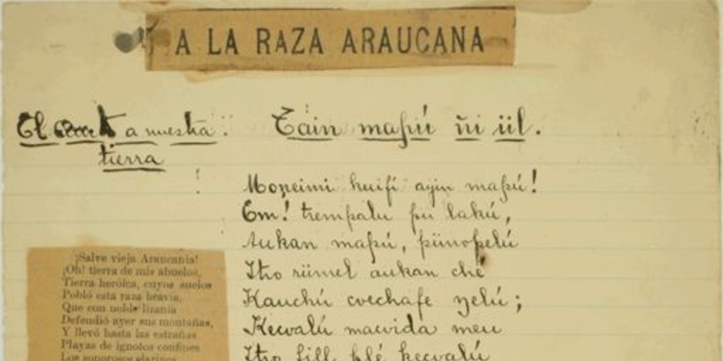 "A la raza araucana" de Samuel Lillo, traducida al mapuche por Manuel Manquilef, Temuco, 1913