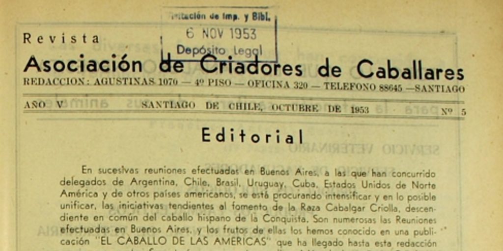 Editorial de la Revista de la Asociación de Criadores de Caballares, 1953