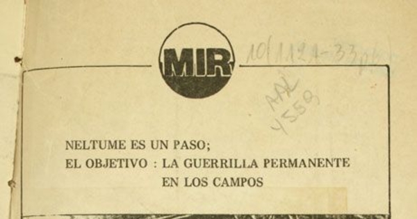 Neltume es un paso, el objetivo: la guerrilla permanente en los campos: entrevista a Andrés Pascal Allende, secretario general del Movimiento de Izquierda Revolucionaria (MIR) en la clandestinidad-Chile