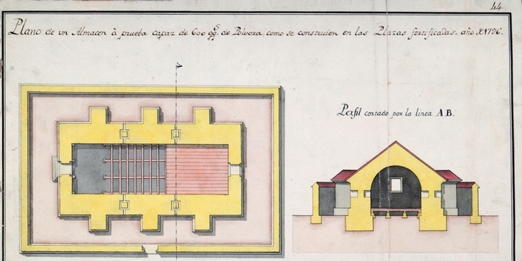 Plano de un almacen a prueba capaz de 600 qqs de polvora ...año 1796