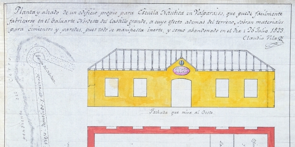Planta y alzado de un edificio propio para Escuela Nautica en Valparaíso, 1820